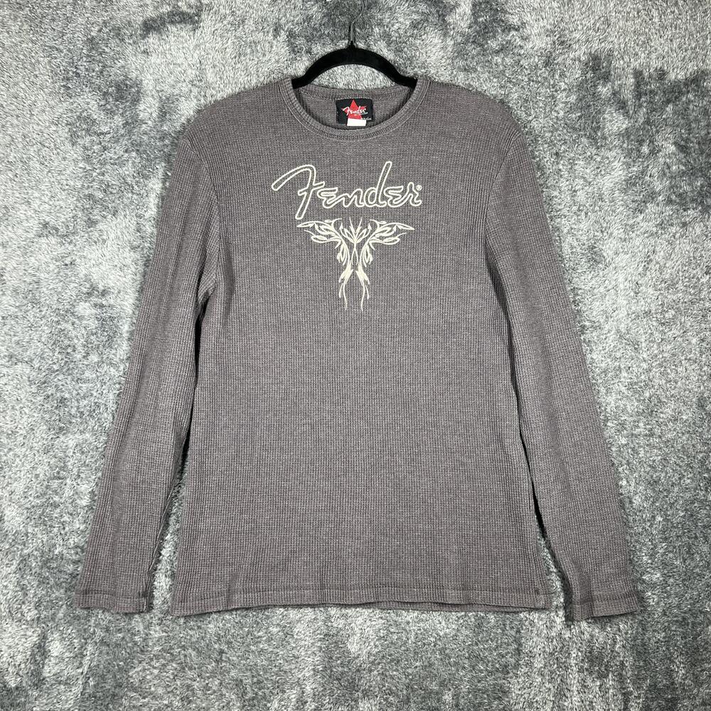 Vintage Fender Shirt Mens M Gray Long Sleeve Waffle Knit Graphic Logo Crew Neck
